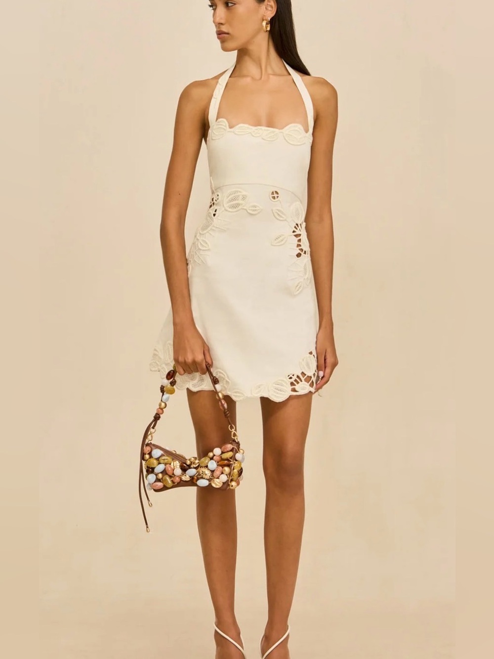 cult gaia Cream Halter Mini Dress with Scalloped Lace